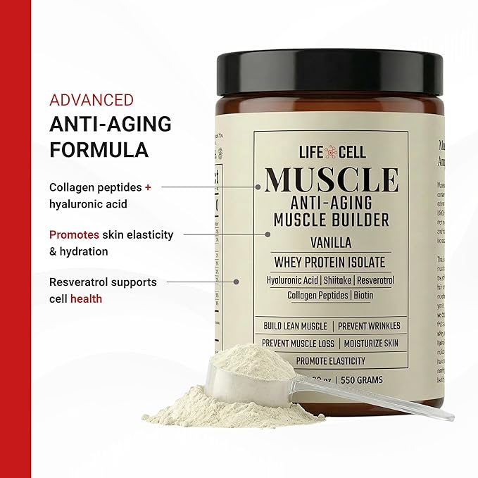 LifeCell Whey Protein – Anti-Aging Muscle Builder with Shiitake Mushroom, Collagen & Hyaluronic Acid – Vanilla, No Sugar Added, Soy-Free, Gluten-Free, 550g