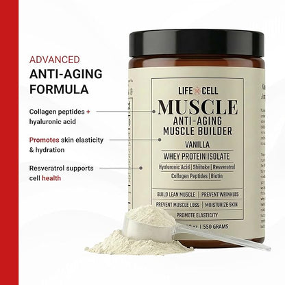 LifeCell Whey Protein – Anti-Aging Muscle Builder with Shiitake Mushroom, Collagen & Hyaluronic Acid – Vanilla, No Sugar Added, Soy-Free, Gluten-Free, 550g