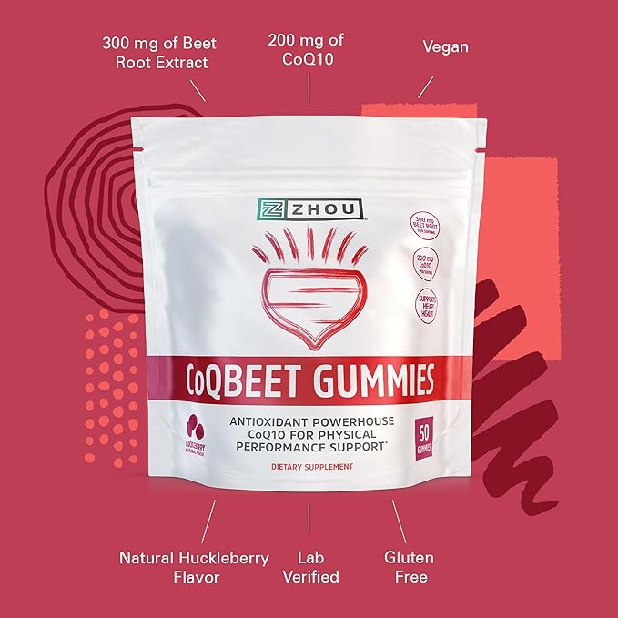 ZHOU CoQBeet Gummies - Beet Root Gummies for Men & Women, Heart Health & Cellular Energy Support Supplement, 300 mg Beetroot & 200 mg CoQ10, Vegan, Gluten Free, Natural Huckleberry Flavor - 50 Count