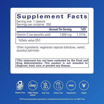 Pure Encapsulations Ascorbic Acid Capsules - 1,000 mg Vitamin C - Antioxidant & Immune Support* - High-Potency Vitamin C - Vegan & Non-GMO - 250 Capsules