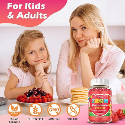 Iron Supplement Gummies for Kids with Multivitamin, Calcium, Zinc, Folate - Kids Iron Gummies Support Immune, Blood Builder, Iron Deficiency, Anemia & Energy - Vegan, Strawberry 60 Count