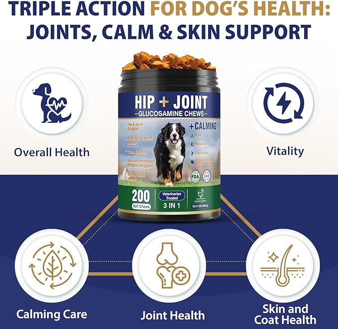 Hip and Joint Supplement for Dogs 200 Dog Calming Chews with Glucosamine, Chondroitin, Msm, Omega3, Melatonin for Senior Dogs Anxiety Pain Relief Anti Inflammatory Small/Medium/Large Dog -Chicken