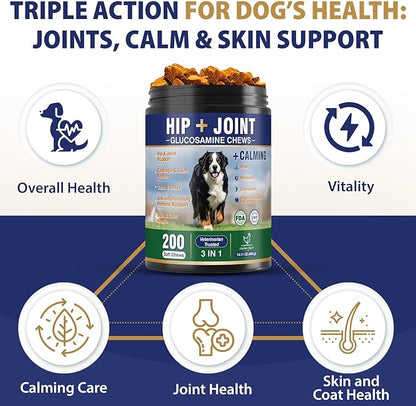 Hip and Joint Supplement for Dogs 200 Dog Calming Chews with Glucosamine, Chondroitin, Msm, Omega3, Melatonin for Senior Dogs Anxiety Pain Relief Anti Inflammatory Small/Medium/Large Dog -Chicken