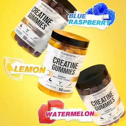 Jacked Factory Creatine Gummies 5g Daily Dose (1g per Gummy) - Creatine Gummy for Men and Women, Vegan-Friendly, Travel-Friendly, Third-Party Tested - 150 Gummies, Lemon