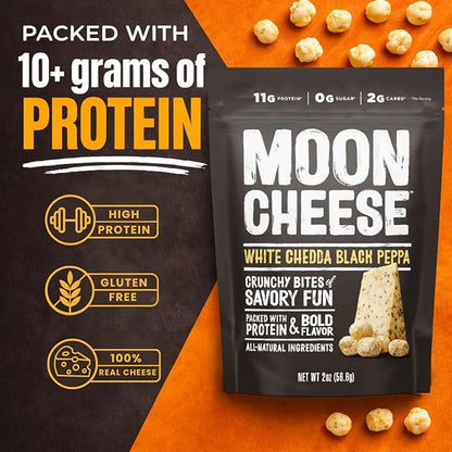 Moon Cheese Bites, White Chedda Black Peppa, 2-Ounce 3-Pack, 100% Real Cheese, Protein, Keto, After-School or Lunch Snack