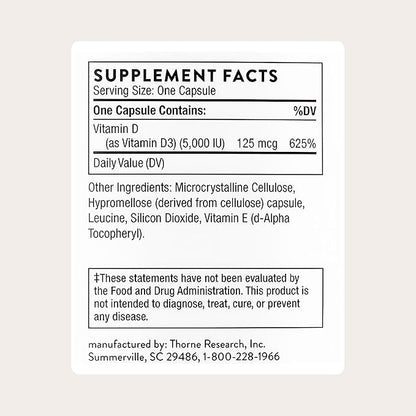 THORNE - Vitamin D-5,000 - Vitamin D3 Supplement - Supports Healthy Bones, Teeth & Muscles, Plus Cardiovascular & Immune Function* - NSF Certified for Sport - Gluten, Dairy & Soy-Free - 120 Capsules