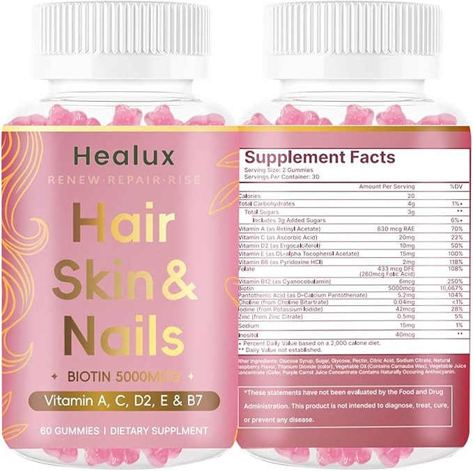 Hair Skin and Nails Gummies, 5000 mcg Biotin with Vitamins A, C, D2 & E, B-Complex, Zinc & Iodine, Hair Skin and Nails Vitamins for Women & Men, Supports Hair Growth, Nails, Glowing Skin - 60 Gummies