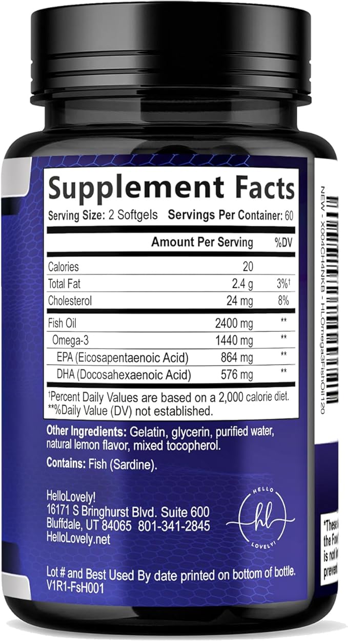 Omega 3 Fish Oil Supplements - 2400mg Fish Oil Per Serving - Triple Strength Omega-3 with EPA & DHA Fatty Acids - Natural Heart, Brain & Immune Support - Wild Caught, Bottled in USA - 120 Softgels