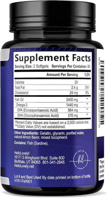 Omega 3 Fish Oil Supplements - 2400mg Fish Oil Per Serving - Triple Strength Omega-3 with EPA & DHA Fatty Acids - Natural Heart, Brain & Immune Support - Wild Caught, Bottled in USA - 120 Softgels