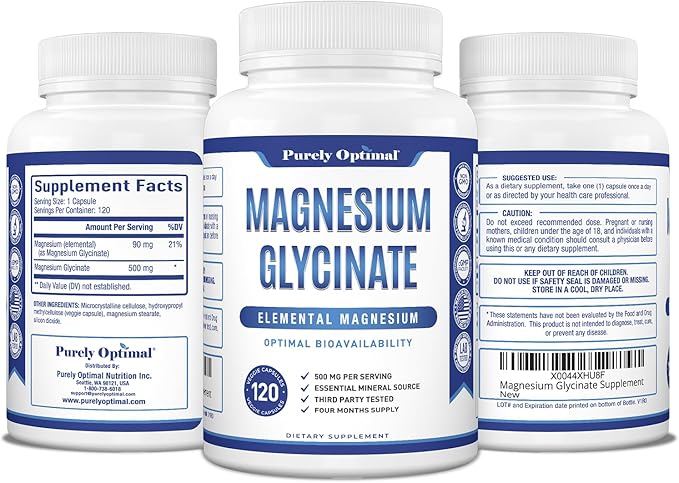 Purely Optimal Magnesium Glycinate 500mg – Sleep Support & Stress Relief – Gentle, High Absorption Magnesium Supplement for Muscle Relaxation, Calm & Nerve Support – 120 Capsules