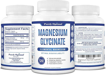 Purely Optimal Magnesium Glycinate 500mg – Sleep Support & Stress Relief – Gentle, High Absorption Magnesium Supplement for Muscle Relaxation, Calm & Nerve Support – 120 Capsules