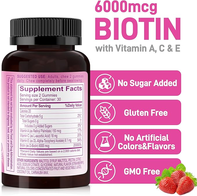 Natural 6000mcg Biotin Gummies No Sugar Added, Hair Skin and Nails Beauty Gummies with Vitamins A C E for Women Men, GMO Free, Gluten Free