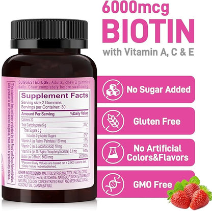 Natural 6000mcg Biotin Gummies No Sugar Added, Hair Skin and Nails Beauty Gummies with Vitamins A C E for Women Men, GMO Free, Gluten Free