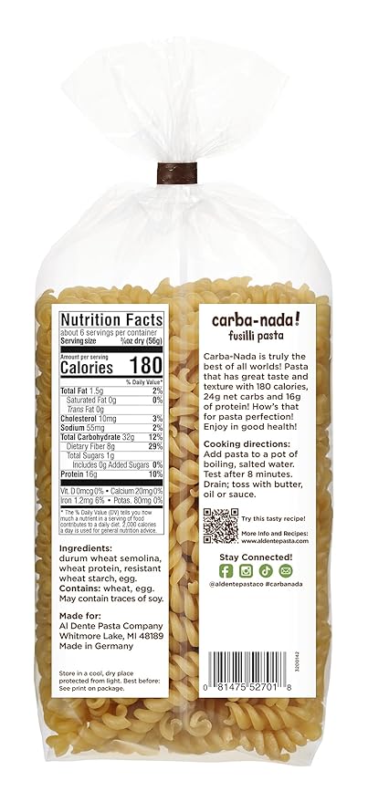 Al Dente Carba-Nada Fusilli - Low Carb, High Protein - Keto & Point-Based Diet-Friendly, Artisanal Pasta Noodles, Cage-Free Eggs & Non-GMO Ingredients. 12oz Bags (Pack of 6)