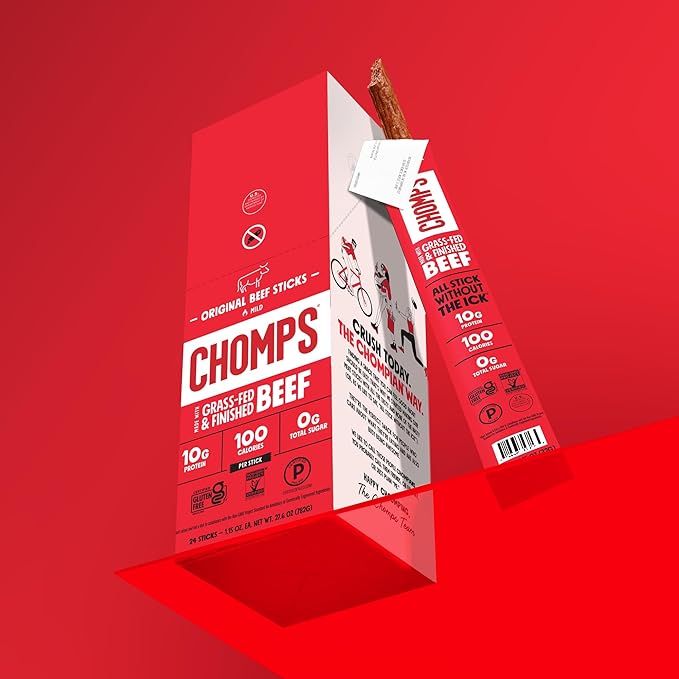 Chomps Grass-Fed and Finished Original Beef Jerky Snack Sticks 24-Pack, Keto, Paleo, Whole30, 10g Protein, Gluten-Free