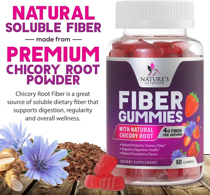 Fiber Gummies for Adults - Soluble Fiber 4g Per Serving - Plant-Based Prebiotic Fiber Supplement for Digestive Health, Gut Health, & Regularity Support - Vegan Gummy - Tasty Berry Flavor - 60 Gummies