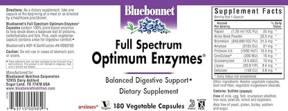 BlueBonnet Full Spectrum Optimum Digestive Enzymes - 9 Plant-Based Proteolytic Enzymes - Papaya, Bromelain, Amylase Gut Health for Women & Men - Vegan & Gluten-Free - 180 Vegetable Capsules