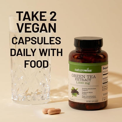 NatureWise Green Tea Extract Capsules 1000 mg - 50% EGCG & 98% Polyphenols - Extra Strength Green Tea Pills - Antioxidants for Heart Health & Energy - Vegan, Non-GMO - 90 Count[45-Day Supply]