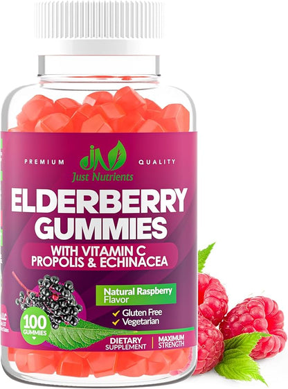 Elderberry 200mg Gummies with Vitamin C, Echinacea, Propolis (100 count) - Immune Support for Adults & Kids - Maximum Strength, Great Tasting Raspberry Flavor - Gluten-Free, Vegan - 100 Gummies