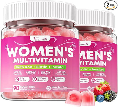180 Count Women's Multivitamin Gummy, Methylated Multivitamin for Women Gummies, Sugar Free Daily Vitamin with Iron, Omega 3, Biotin for Beauty, Immune, Hair & Skin - Vegan, Mixed Berry Flavor