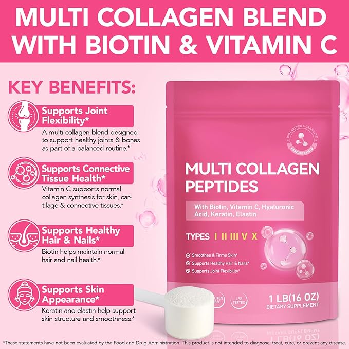 Multi Collagen Peptides Powder with Type I II III V X for Skin Joints Bones Hair and Nails Enhanced with Vitamin C Biotin Hyaluronic Acid Keratin Elastin for Comprehensive Beauty and Wellness Support