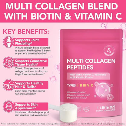 Multi Collagen Peptides Powder with Type I II III V X for Skin Joints Bones Hair and Nails Enhanced with Vitamin C Biotin Hyaluronic Acid Keratin Elastin for Comprehensive Beauty and Wellness Support