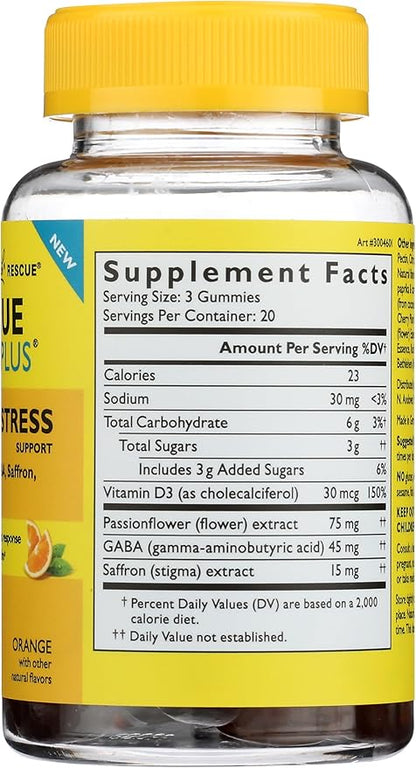Bach Rescue Plus Mood & Stress Support Gummies, Daytime Dietary Supplement with Passionflower, GABA, Saffron & Vitamin D, Natural Orange Flavor, Vegan & Gluten-Free, 60 Count