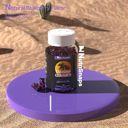 Tanning Gummies, Tanning Supplement for Adults Woman & Men, Daily Tanning Gummies for Skin Health & Pigmentation, Non-GMO, Vegan, Blueberry Flavor, 60 Gummies