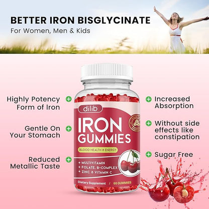 Iron Gummies with Multivitamin, Iron Supplement for Women & Men, Kids Multivitamin with Iron, Zinc, Vitamin B Complex & C, B12, Folate - Blood Builder, Energy Support, Cherry Flavor, Vegan 120 Gummies