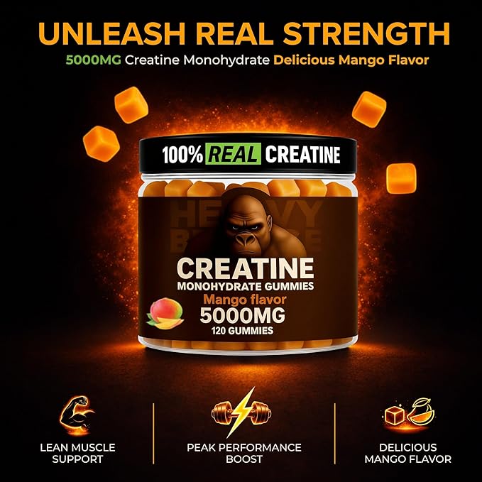 Creatine Monohydrate Gummies 5g Sugar Free Creatine with Vitamin B12 and L-Taurine | Muscle Growth for Men and Women | Low Calorie Formula 120 Gummies for 30 Servings, Mango