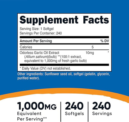 Nutricost Garlic 1000mg, 240 Softgels - Odorless, Premium Gluten Free Supplement