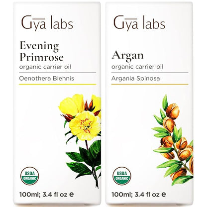 Gya Labs Organic Evening Primrose Oil for Dry Skin & Argan Oil for Hair Set - Aromatherapy Grade Essential Oils Set - 2x3.4 fl oz