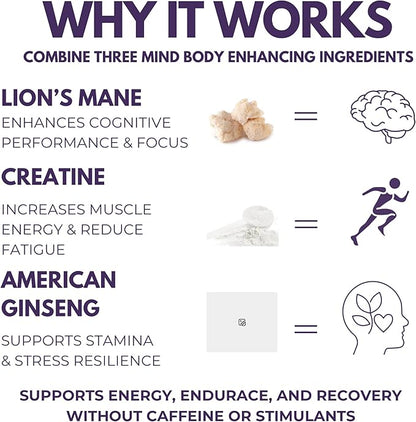 Pre-Workout Supplement - Focus & Performance Stack with Lion’s Mane, Creatine, American Ginseng & Beta-Glucans – Natural Energy & Endurance Without Caffeine - 60 Vegan Capsules