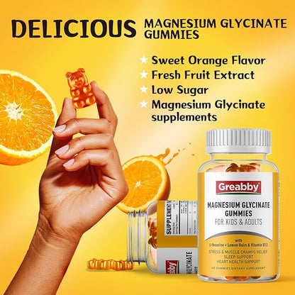 Magnesium Glycinate Gummies for Kids & Adults - Magnesium Glycinate 300mg Chewable Supplement - Promotes Sleep, Muscle, Relaxation (60Count)