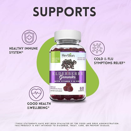 HERBION Elderberry Gummies with Vitamin C & Zinc, Healthy Immune System Support, Gluten-Free & Gelatin-Free, 60 Gummies for Adults & Children 4 Years & Above, Made in USA, Pack of 4