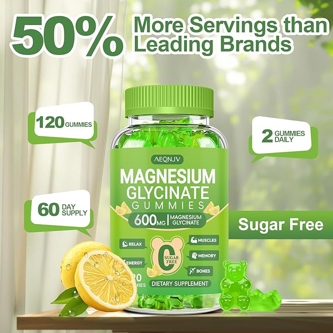 Magnesium Glycinate Gummies 600mg, Chewable Magnesium Supplements for Adults, Men and Women, Vitamin D, B6 and CoQ10, Potassium Magnesium Gummy for Sleep, Relaxation, Brain & Muscle, 120 Gummies