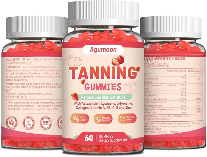 Tanning Gummies for Women and Men, Self Tan Supplement with Beta Carotene, Lycopene, Astaxanthin, Collagen & Vitamins, for Skin Health & Pigmentation, Vegan - 120 Gummies