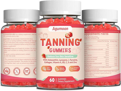 Tanning Gummies for Women and Men, Self Tan Supplement with Beta Carotene, Lycopene, Astaxanthin, Collagen & Vitamins, for Skin Health & Pigmentation, Vegan - 120 Gummies