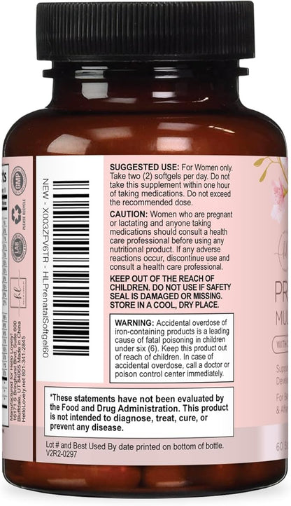 Prenatal Vitamins for Women - Prenatal Multivitamin with Folic Acid & Omega 3 DHA Fetal Development Support - Pregnancy Vitamin Supplement with, Vitamin A, C, D, B6, B12 & Iron - 60 Softgels