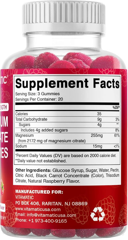 Vitamatic Extra Strength Magnesium Gummies – 255 mg (Elemental Magnesium) per Serving – 60 Vegan Gummies Supports Relaxation, Muscle & Nerve Function, Bone Health & Energy Production