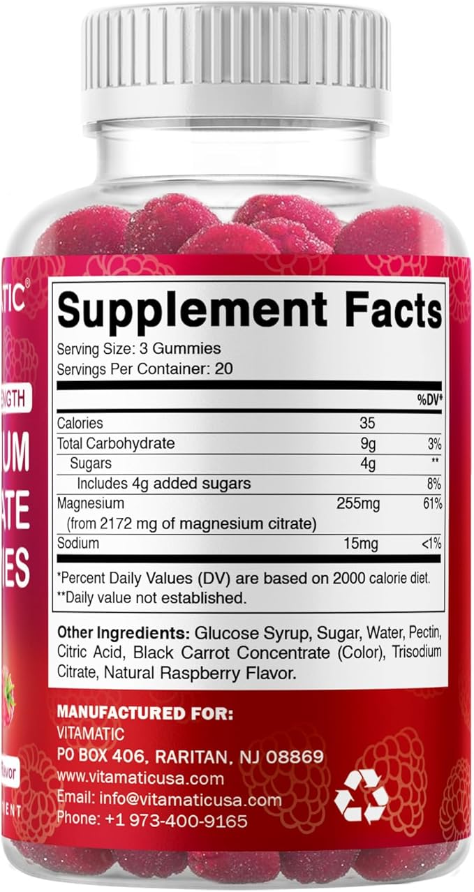 Vitamatic Extra Strength Magnesium Gummies – 255 mg Elemental Magnesium per Serving – 60 Gummies (2-Pack) Supports Relaxation, Muscle Function, Bone Health & Energy – Vegan, Non-GMO, Gluten-Free