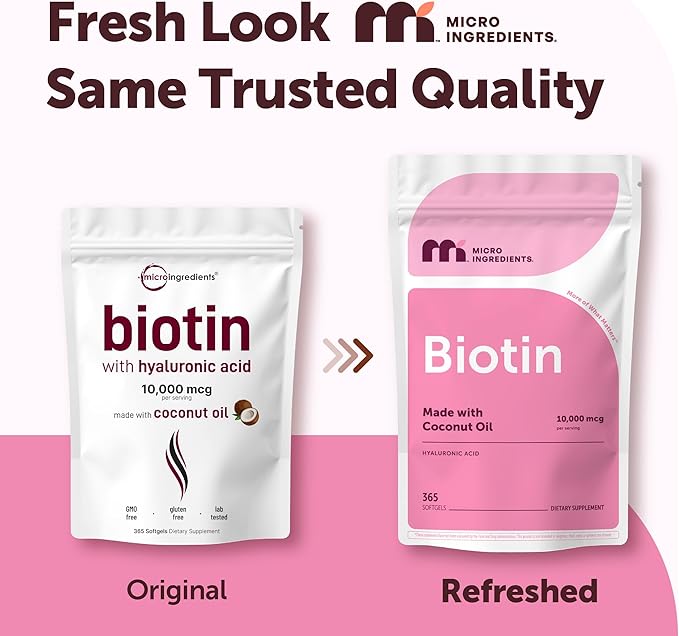 Micro Ingredients Biotin 10,000 mcg with Hyaluronic Acid 25 mg Per Serving | Made with Coconut Oil | 365 Softgels | 1 Per Day | One Year Supply | Non-GMO & Gluten Free