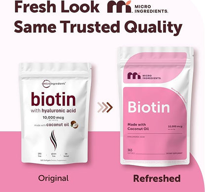 Micro Ingredients Biotin 10,000 mcg with Hyaluronic Acid 25 mg Per Serving | Made with Coconut Oil | 365 Softgels | 1 Per Day | One Year Supply | Non-GMO & Gluten Free