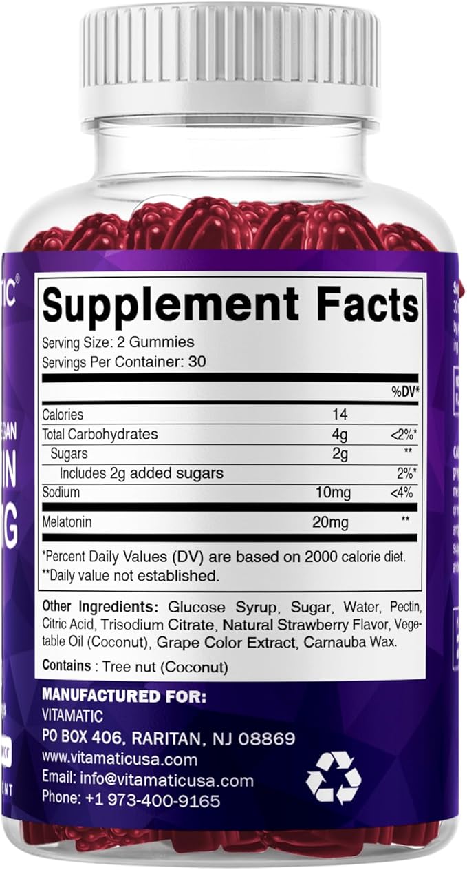 Vitamatic Melatonin 20mg Gummies for Adults, 30 Servings - 60 Count - Non-Habit Forming Supplement