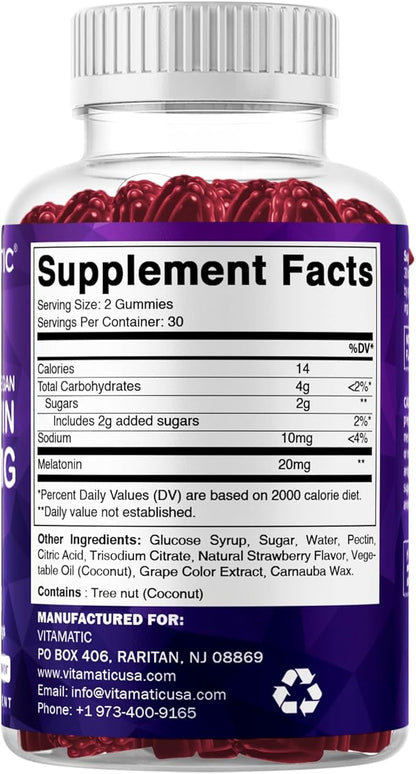 Vitamatic Melatonin 20mg Gummies for Adults, 30 Servings - 60 Count - Non-Habit Forming Supplement