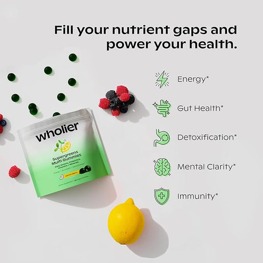 wholier Daily Supergreens Gummies, Greens Supplement with Prebiotics, Fiber, Adaptogens, Vegan Multivitamin, 9 Essential Vitamins + Minerals, 1g Sugar, 2 Gummy Serving (60 Gummies, 30 Day Supply)