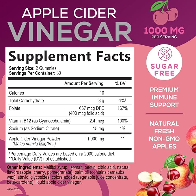 Apple Cider Vinegar Gummies 1000mg Per Serving - Sugar Free ACV Gummy Vitamins Supplement with Vitamin B12 for Energy - Keto Friendly Digestion, Detox, Cleanse Support, Vegan, Non-GMO - 60 Gummies