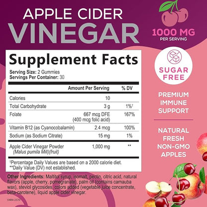 Apple Cider Vinegar Gummies 1000mg Per Serving - Sugar Free ACV Gummy Vitamins Supplement with Vitamin B12 for Energy - Keto Friendly Digestion, Detox, Cleanse Support, Vegan, Non-GMO - 60 Gummies