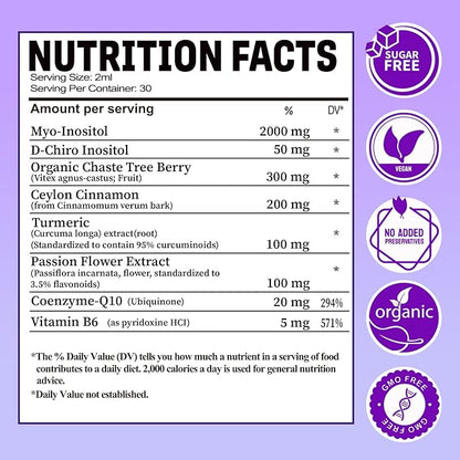2 Pack Myo-Inositol & D-Chiro Inositol Supplement For Women Drops, Ideal 40:1 Ratio w. Organic Chaste Tree Berry, Ceylon Cinnamon Support Hormonal Balance & Ovarian, Cycle Regulation, Mood, Nerve