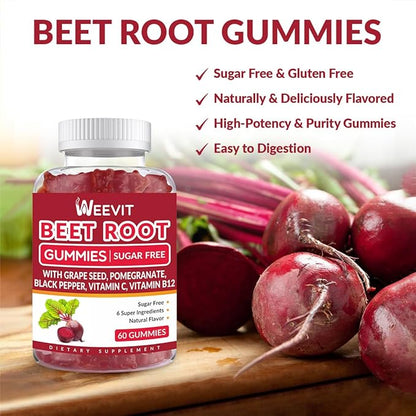 WEEVIT Beet Root Gummies, Nitric Oxide Supplement for Men Women | Organic Beet Gummy with Grape Seed, Pomegranate, Black Pepper, Vitamin C, B12